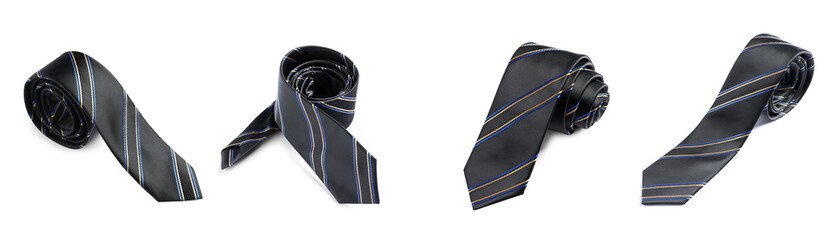 Dark striped tie isolated on white, collage. Stylish accessory