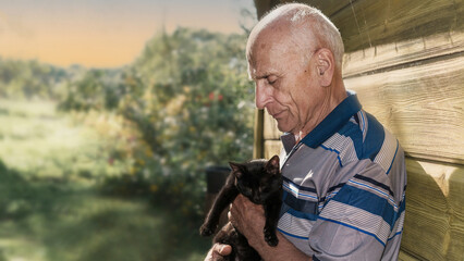Affectionate senior man embraces black kitten, eyes closed in heartfelt moment. Warm sunlight bathes tranquil rural scene, highlighting special human animal connection