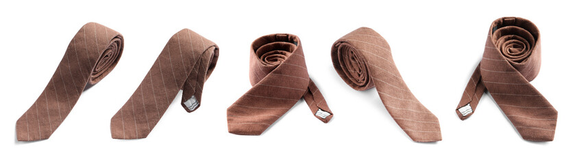 Brown striped tie isolated on white, collage. Stylish accessory