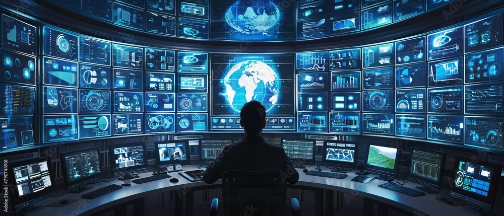 Poster an information security specialist works at a system control center with a large wall of screens dis