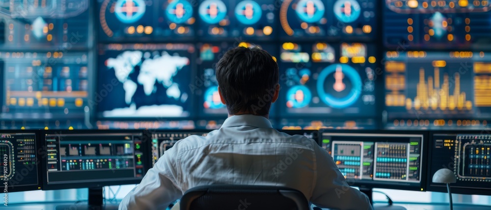 Poster the technical controller is working at a workstation with multiple displays, which display technical
