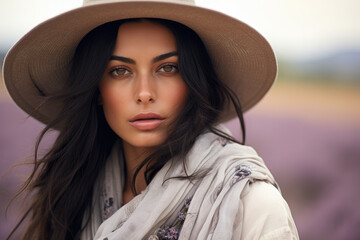 Attractive  Woman with Long Black Hair Wearing Wide-Brim Hat in Lavender Field
