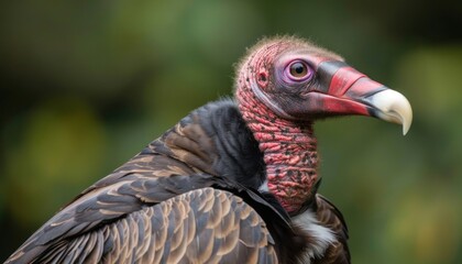 Fototapeta premium Closeup of a vulture, a wild bird with a long beak in Galliformes family
