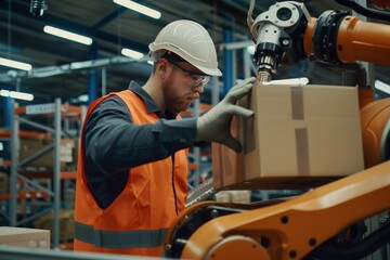 Worker in a safety helmet and orange reflective vest expertly coordinates with an advanced industrial robot to handle packaging tasks in a modern warehouse setting.