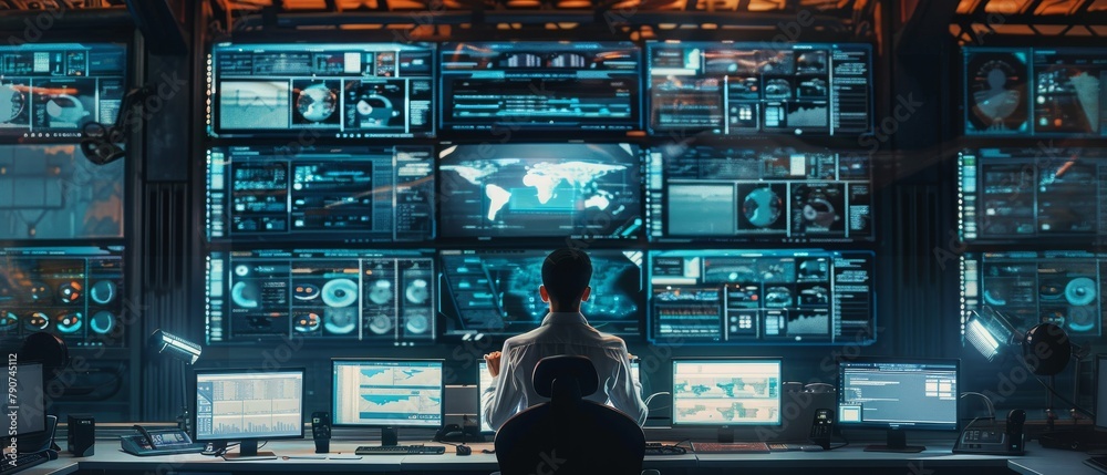 Poster in the system control center there are several screens displaying various information. system securi