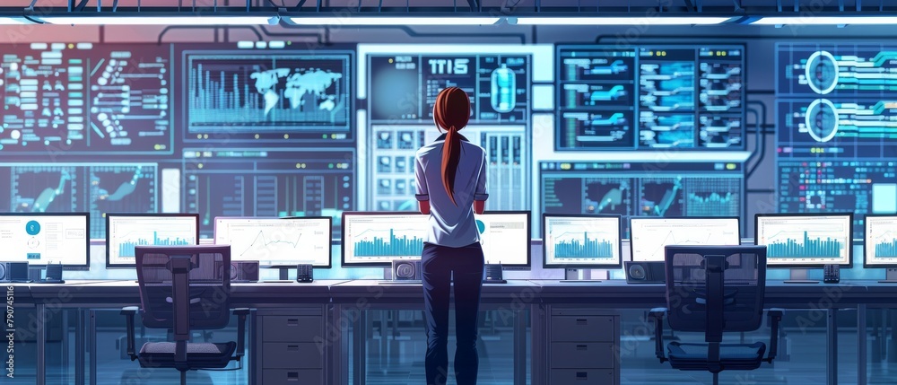 Poster various information can be seen on working monitors in the background. system engineers are in contr
