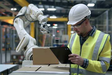 A engineer wearing a safety helmet and reflective vest is programming an industrial robotic arm in a manufacturing plant.