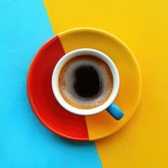 a cup of coffee on a bright graphic background, in yellow, blue, red colors, close-up, top view, there is free space for text. wallpaper concept