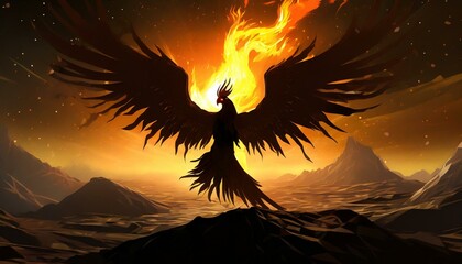  dark phoenix, of living flames, in a vast icy desert. Silhouette emphasized by intense lighting and juxtaposition of shadows
