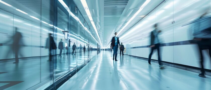 There is a noticeable motion blur in this shot of a corridor in a large data center full of people walking and working.
