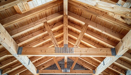 looking up at the ceiling of a wooden structure