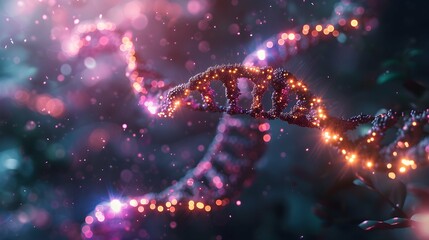 3D Rendering of a Glowing DNA Molecular genomes structure concept of biochemistry