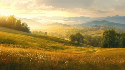 Obraz premium Preserve the early sunlight as it shines over the meadow and hills
