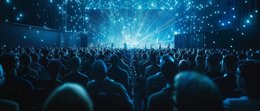 Corporate delegates watching an inspiring keynote presentation in a dark conference room. Business Technology Summit Auditorium Room.