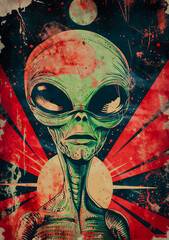 poster style vintage représentant un alien vert aux grands yeux, style années 90