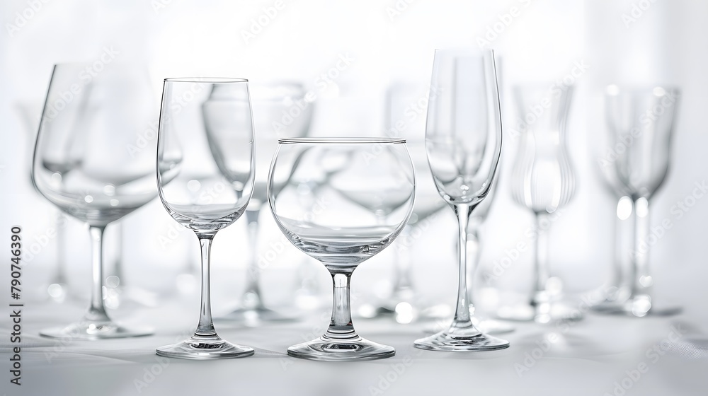 Wall mural Closeup view of several transparent glasses on the white table