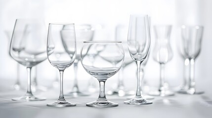 Closeup view of several transparent glasses on the white table