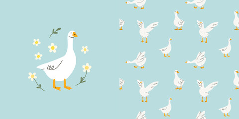 Cute goose seamless pattern. Adorable farm birds. Decor baby textile, wrapping paper, wallpaper design. Childish print for fabric. Vector cartoon flat isolated illustration