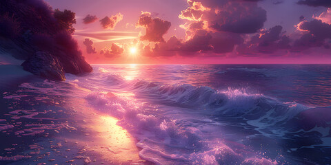 Serene Violet Sunset Over Psychedelic Waves: A Spiritual and Relaxing Scene