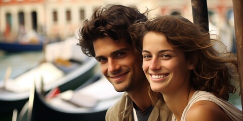 The newlyweds are experiencing the happiest moment of their lives in Venice. Generative AI. - obrazy, fototapety, plakaty
