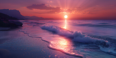 Tranquil Violet Sunset Over Psychedelic Waves