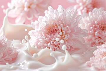 Elegant pink flowers and milk splashing on a pink background with white flowers in foreground