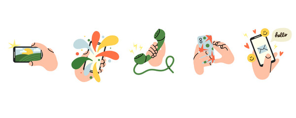 Hands with smartphones. Hand hold phone, Chatting, online shopping, making photo. Different application. Communication in app. Vintage and modern device vector cartoon flat style isolated illustration