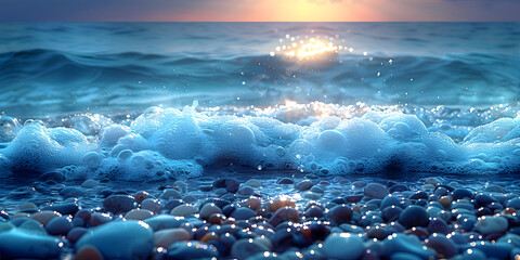Tranquil Indigo Ocean Scene Featuring Cobalt Stones and Psychic Waves - obrazy, fototapety, plakaty