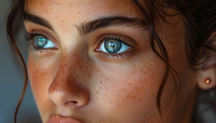 Closeup of womans face with freckles, blue eyes, eyelashes, and rosy cheeks