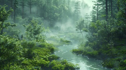 Early morning light filters through a mist-covered forest, reflecting off a serene stream winding through lush greenery.