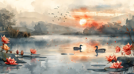 Tranquil Transitions: Watercolor Spring Lakeside with Customizable Elements