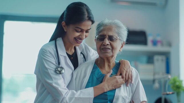 Happy Young Indian Doctor Therapist In White Coat Has Appointment Consulting Supporting Putting Hand On Shoulder Of Older Senior Female Patient In Modern Clinic Hospital. Medical Healthcare Concept