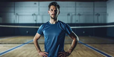 Headshot of squash player concentrating before game with copyspace. Fitness-focused Hispanic athlete alone before sports center training. Young athletic man