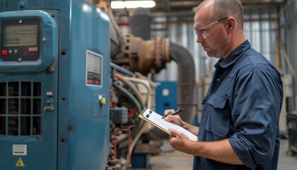 Engineering man in electric blue writing on clipboard, fixing machine in factory