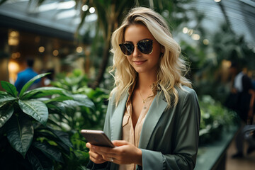 A young slender girl in sunglasses and a yellow shirt holds a mobile phone in her hands and looks attentively. Fingers works in the device.