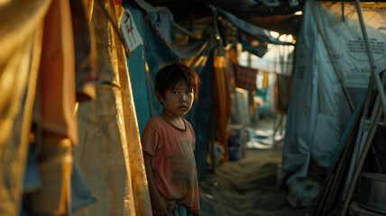 A small lonely Asian boy stands at his tent in a refugee camp. There is fear and hopelessness in his eyes - obrazy, fototapety, plakaty