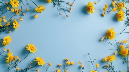 Frame made of beautiful yellow flowers with copy space in the middle on blue background