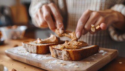 Young woman spreading nut butter onto toast in kitchen, closeup - obrazy, fototapety, plakaty