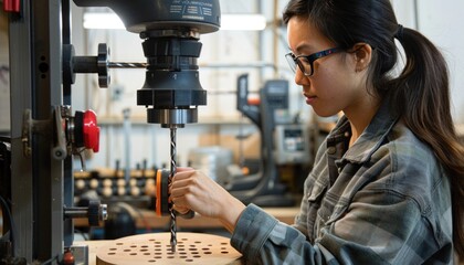A woman wearing glasses is using a drill to make a hole in wood