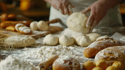 Fototapeta premium Front shot of forming the dough into various shapes: loaves, baguettes, buns. Bakery concept