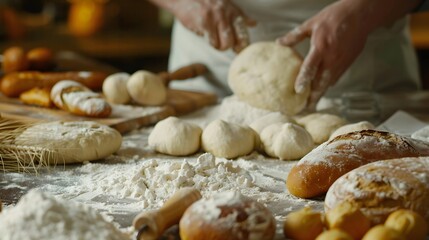 Fototapeta na wymiar Front shot of forming the dough into various shapes: loaves, baguettes, buns. Bakery concept