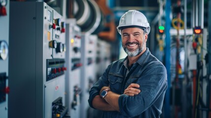 Portrait, happy man and engineering technician in control room, inspection service or industry maintenance. Electrician, arms crossed and smile in electrical substation, system or industrial mechanic
