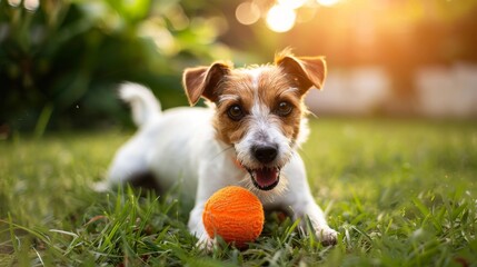 Small happy dog playing with pet toy ball at backyard lawn