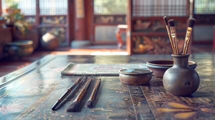 Ornate Korean calligraphy brush set displayed on a lacquered table, reflecting the beauty of Korean writing traditions. - obrazy, fototapety, plakaty