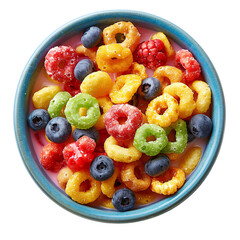 fruit loops cereal in bowl top view PNG. Colorful cereal in a bowl isolated. Breakfast food PNG