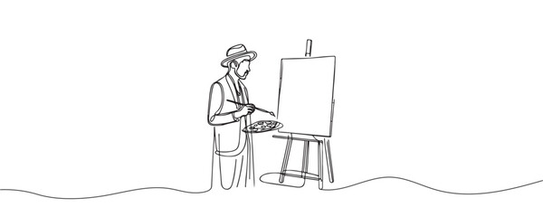 the artist sits in front of an easel with a palette and brush in hand. one line drawing vector