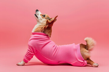 Cute dog doing yoga exercise on color background.