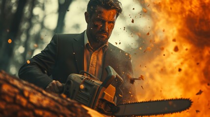 Man in a suit holding a chainsaw in front of a burning tree, environmental destruction and deforestation concept