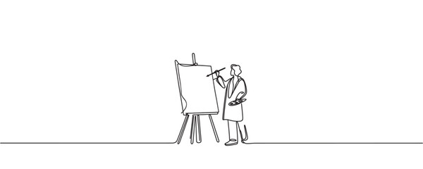 the artist sits in front of an easel with a palette and brush in hand. one line drawing vector