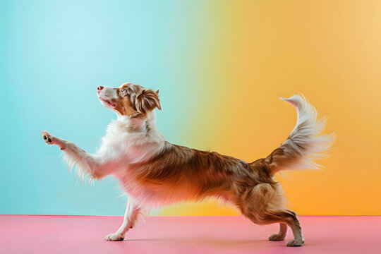 Cute dog doing yoga exercise on color background.